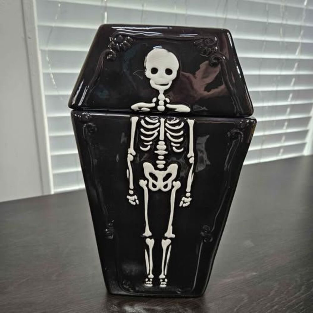 Goth Coffin Skeleton Cookie Jar Black Halloween Decor